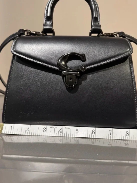 Coach Black Leather Top-Handle Satchel with Signature C Lock - Picture 3 of 8